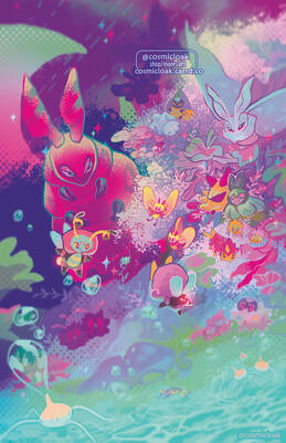 cover spread illustration for &quot;Bug Off!&quot; pokemon fan artbook. published 2021
