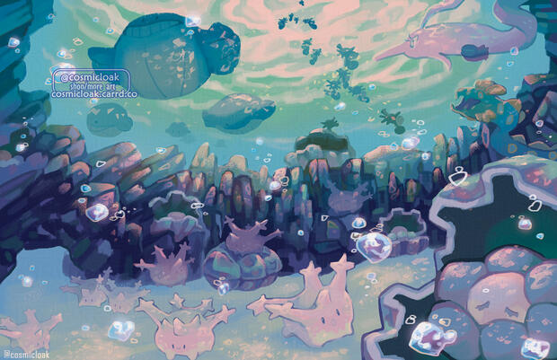page spread illustration for "Winds of Hoenn" pokemon fan artbook, published 2022